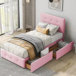 Lit enfant 90x200 cm - Sommier À Lattes et 2 Tiroirs, Lit Confortable avec Rangement Sous Le Lit, en Velours Rose, Sans Matelas