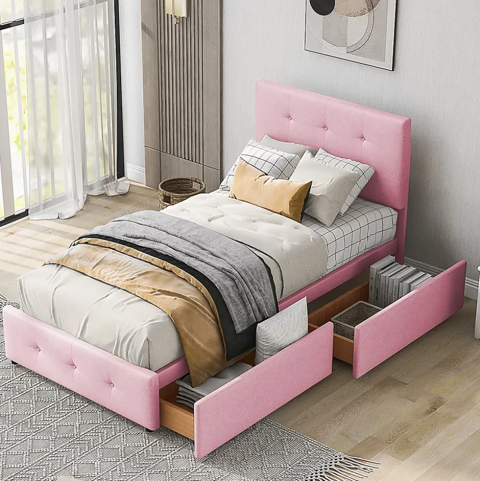 Lit enfant 90x200 cm - Sommier À Lattes et 2 Tiroirs, Lit Confortable avec Rangement Sous Le Lit, en Velours Rose, Sans Matelas