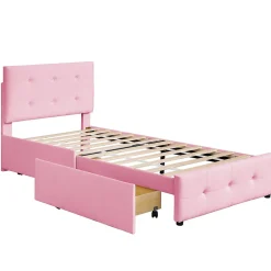 Lit enfant 90x200 cm - Sommier À Lattes et 2 Tiroirs, Lit Confortable avec Rangement Sous Le Lit, en Velours Rose, Sans Matelas