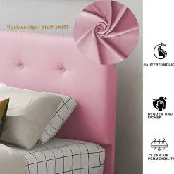 Lit enfant 90x200 cm - Sommier À Lattes et 2 Tiroirs, Lit Confortable avec Rangement Sous Le Lit, en Velours Rose, Sans Matelas