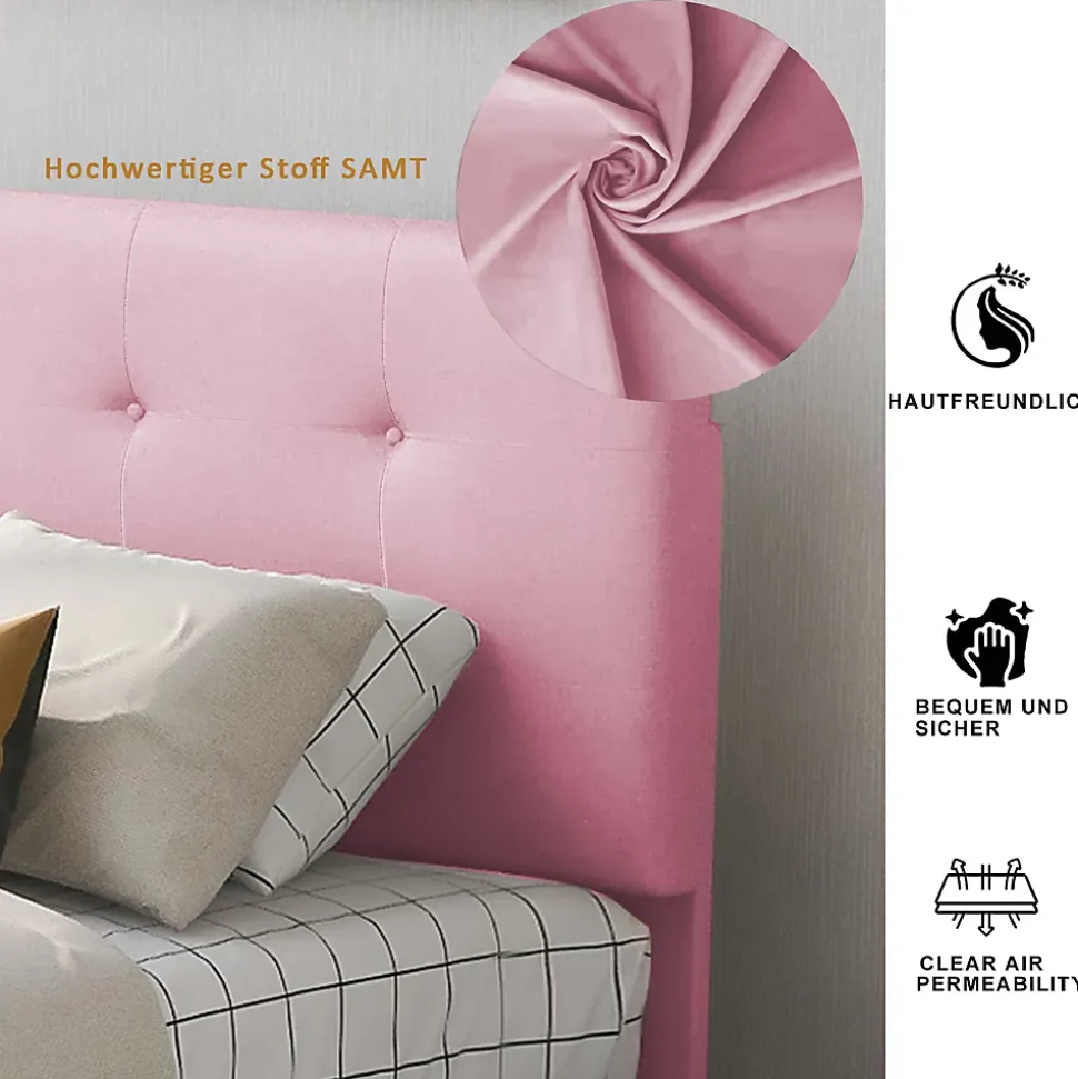 Lit enfant 90x200 cm - Sommier À Lattes et 2 Tiroirs, Lit Confortable avec Rangement Sous Le Lit, en Velours Rose, Sans Matelas