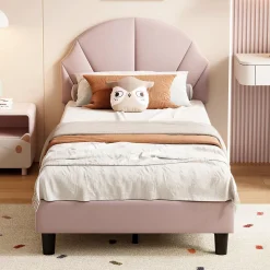 Lit Enfant 90x200 Cm Avec Tête De Lit Réglable Et Sommier à Lattes, Lit Simple Rembourré,rose