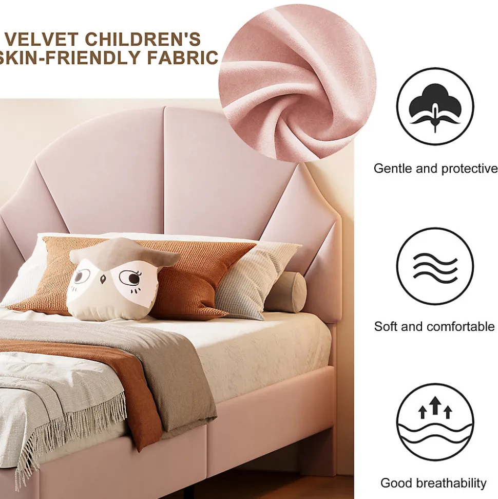 Lit Enfant 90x200 Cm Avec Tête De Lit Réglable Et Sommier à Lattes, Lit Simple Rembourré,rose