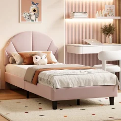 Lit Enfant 90x200 Cm Avec Tête De Lit Réglable Et Sommier à Lattes, Lit Simple Rembourré,rose