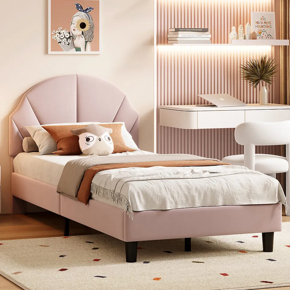 Lit Enfant 90x200 Cm Avec Tête De Lit Réglable Et Sommier à Lattes, Lit Simple Rembourré,rose