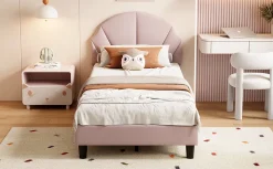 Lit Enfant 90x200 Cm Avec Tête De Lit Réglable Et Sommier à Lattes, Lit Simple Rembourré,rose