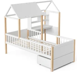 Lit enfant 90x200 cm, barrières, bureau L, tiroirs, bois massif - blanc