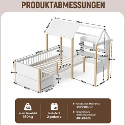 Lit enfant 90x200 cm, barrières, bureau L, tiroirs, bois massif - blanc