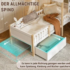 Lit enfant 90x200 cm, barrières, bureau L, tiroirs, bois massif - blanc