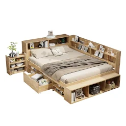 Lit enfant 140x200 cm, bois massif, tiroirs, armoire, recharge sans fil - naturel