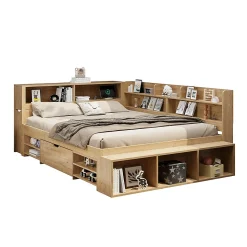 Lit enfant 140x200 cm, bois massif, tiroirs, armoire, recharge sans fil - naturel