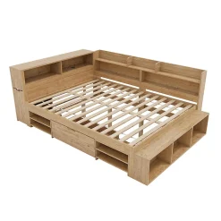 Lit enfant 140x200 cm, bois massif, tiroirs, armoire, recharge sans fil - naturel