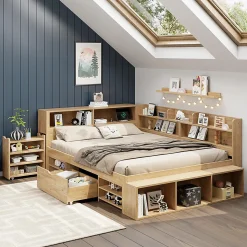 Lit enfant 140x200 cm, bois massif, tiroirs, armoire, recharge sans fil - naturel