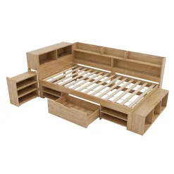 Lit enfant 90x200 cm, bois massif, tables de chevet, étagères, recharge sans fil - naturel