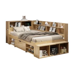 Lit enfant 90x200 cm, bois massif, tables de chevet, étagères, recharge sans fil - naturel