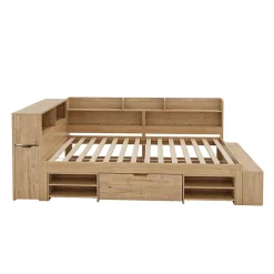 Lit enfant 90x200 cm, bois massif, tables de chevet, étagères, recharge sans fil - naturel