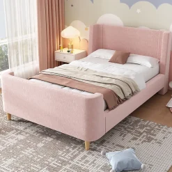 Lit enfant 90x200 cm capitonné en velours Rose (matelas non inclus)
