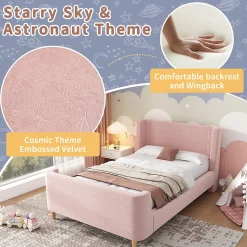 Lit enfant 90x200 cm capitonné en velours Rose (matelas non inclus)