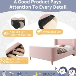 Lit enfant 90x200 cm capitonné en velours Rose (matelas non inclus)