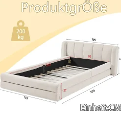 Lit enfant 90x200 cm, chenille, dossier confortable - beige