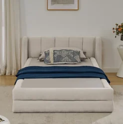 Lit enfant 90x200 cm, chenille, dossier confortable - beige