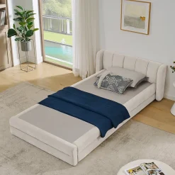 Lit enfant 90x200 cm, chenille, dossier confortable - beige