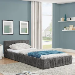 Lit enfant 90x200 cm, chenille veloutée, bois eucalyptus - gris foncé