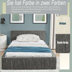 Lit enfant 90x200 cm, chenille veloutée, bois eucalyptus - gris foncé