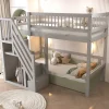 Lit enfant 90x200 cm en bois massif gris avec escalier et rangement intégré, lit pratique et solide pour enfants et adolescents