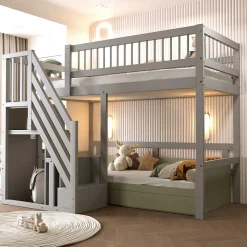 Lit enfant 90x200 cm en bois massif gris avec escalier et rangement intégré, lit pratique et solide pour enfants et adolescents
