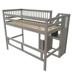 Lit enfant 90x200 cm en bois massif gris avec escalier et rangement intégré, lit pratique et solide pour enfants et adolescents