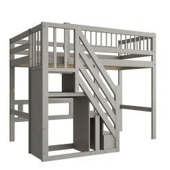 Lit enfant 90x200 cm en bois massif gris avec escalier et rangement intégré, lit pratique et solide pour enfants et adolescents