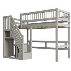 Lit enfant 90x200 cm en bois massif gris avec escalier et rangement intégré, lit pratique et solide pour enfants et adolescents