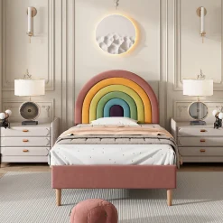 Lit enfant 90x200 cm, Lit Capitonné avec Tête de Lit Arc-en-Ciel Réglable, Revêtement en Velours Doux - Rose, Sans Matelas