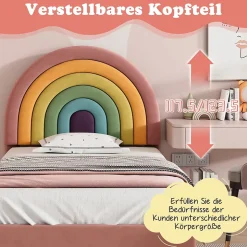 Lit enfant 90x200 cm, Lit Capitonné avec Tête de Lit Arc-en-Ciel Réglable, Revêtement en Velours Doux - Rose, Sans Matelas