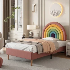 Lit enfant 90x200 cm, Lit Capitonné avec Tête de Lit Arc-en-Ciel Réglable, Revêtement en Velours Doux - Rose, Sans Matelas