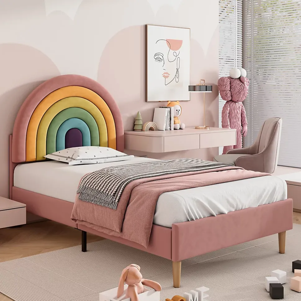 Lit enfant 90x200 cm, Lit Capitonné avec Tête de Lit Arc-en-Ciel Réglable, Revêtement en Velours Doux - Rose, Sans Matelas