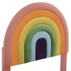 Lit enfant 90x200 cm, Lit Capitonné avec Tête de Lit Arc-en-Ciel Réglable, Revêtement en Velours Doux - Rose, Sans Matelas