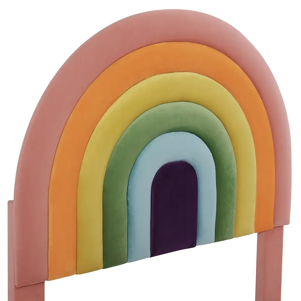 Lit enfant 90x200 cm, Lit Capitonné avec Tête de Lit Arc-en-Ciel Réglable, Revêtement en Velours Doux - Rose, Sans Matelas