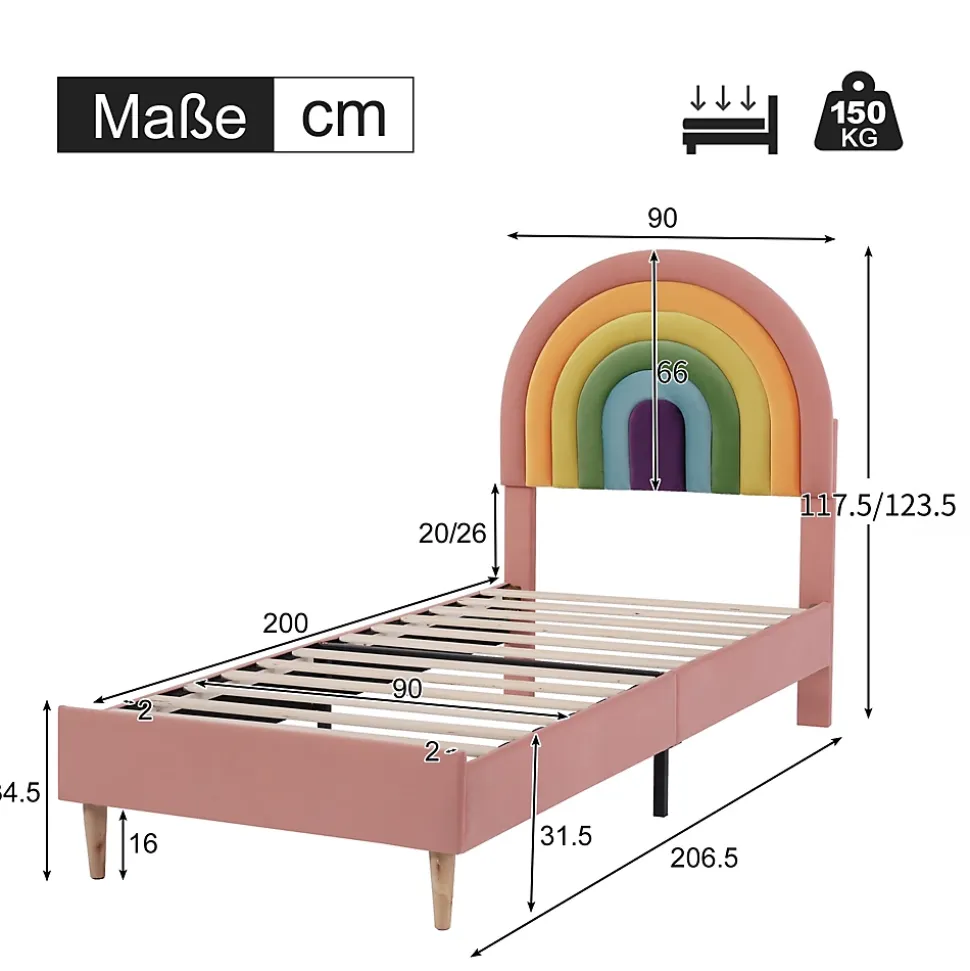 Lit enfant 90x200 cm, Lit Capitonné avec Tête de Lit Arc-en-Ciel Réglable, Revêtement en Velours Doux - Rose, Sans Matelas
