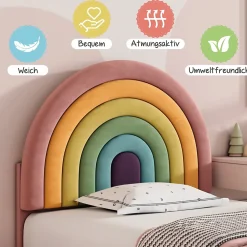 Lit enfant 90x200 cm, Lit Capitonné avec Tête de Lit Arc-en-Ciel Réglable, Revêtement en Velours Doux - Rose, Sans Matelas