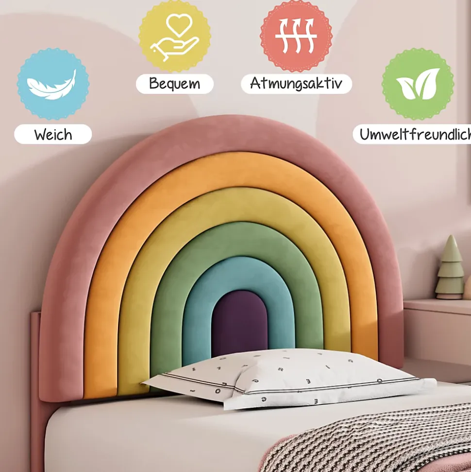 Lit enfant 90x200 cm, Lit Capitonné avec Tête de Lit Arc-en-Ciel Réglable, Revêtement en Velours Doux - Rose, Sans Matelas