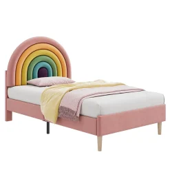 Lit enfant 90x200 cm, Lit Capitonné avec Tête de Lit Arc-en-Ciel Réglable, Revêtement en Velours Doux - Rose, Sans Matelas