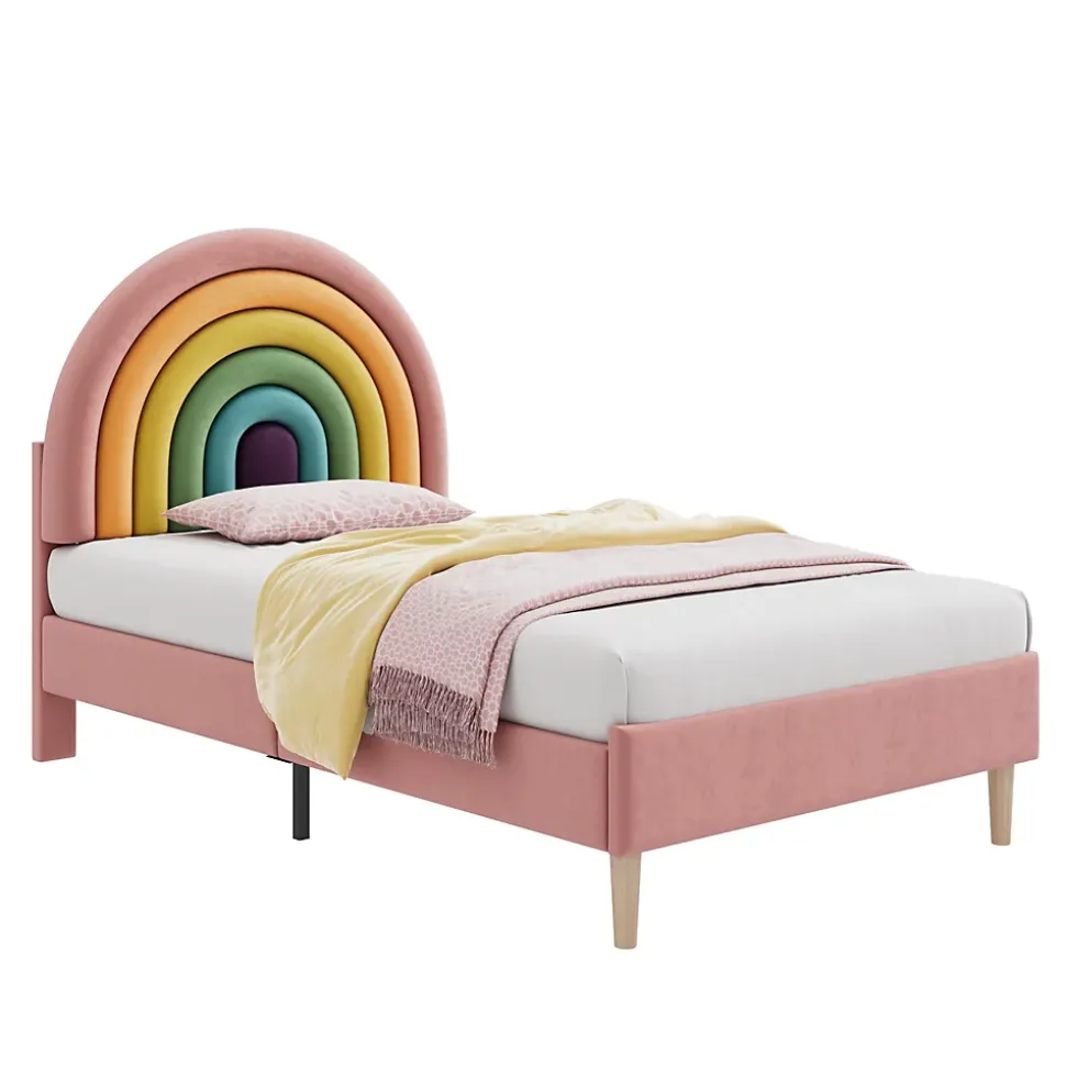 Lit enfant 90x200 cm, Lit Capitonné avec Tête de Lit Arc-en-Ciel Réglable, Revêtement en Velours Doux - Rose, Sans Matelas