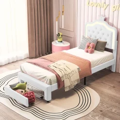 Lit enfant 90x200 cm, lit simple avec sommier à lattes, tiroirs, LED, lit princesse avec couronne, blanc