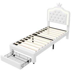 Lit enfant 90x200 cm, lit simple avec sommier à lattes, tiroirs, LED, lit princesse avec couronne, blanc