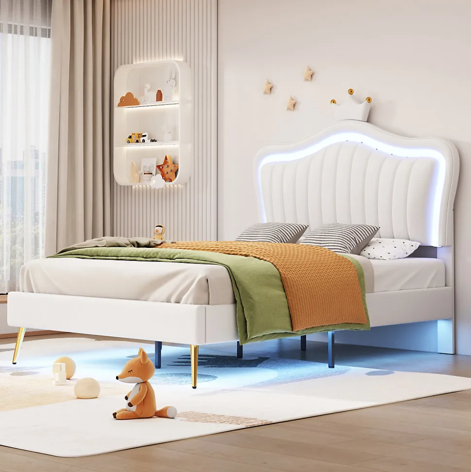 Lit enfant 90x200 cm PU blanc, cadre couronne, LED, sommier à lattes, dossier, pratique et décoratif, sans matelas