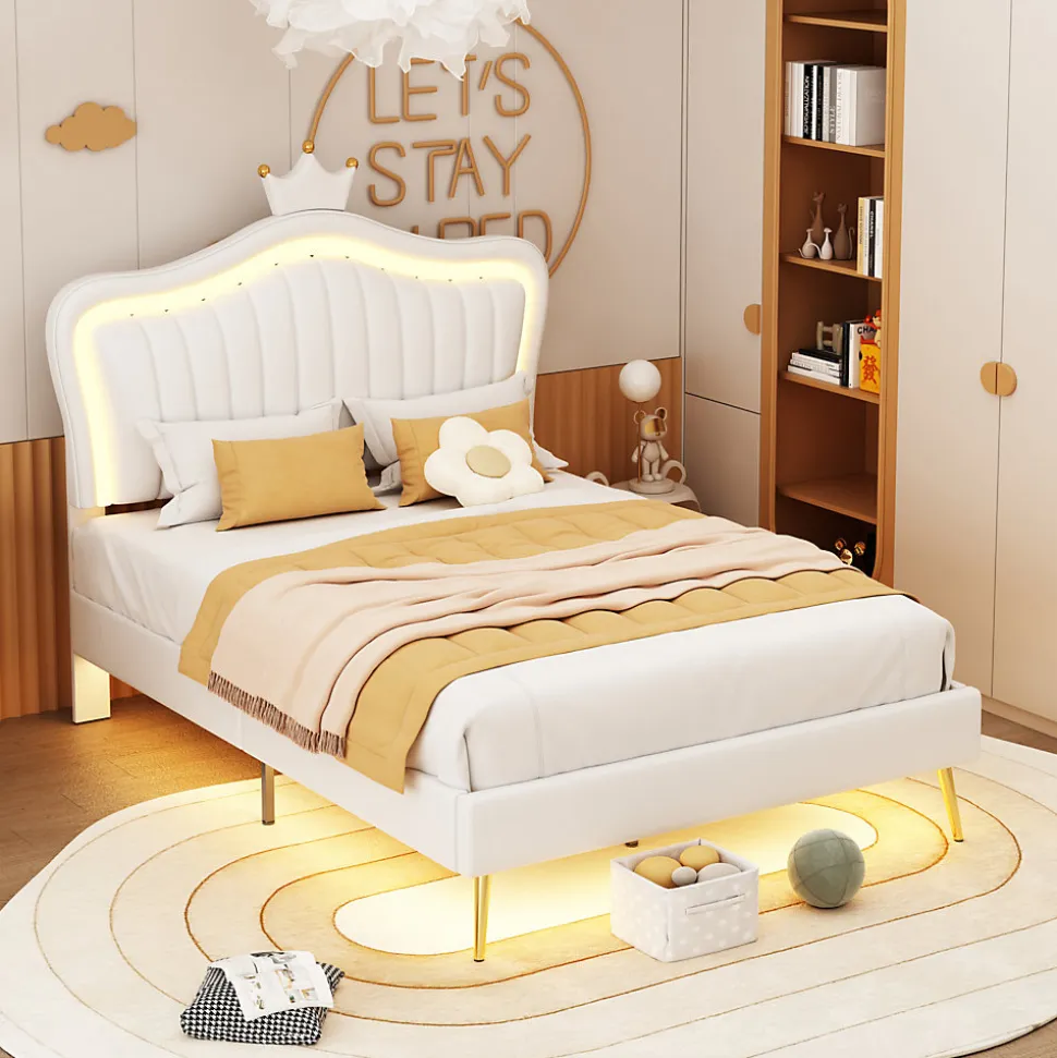 Lit enfant 90x200 cm PU blanc, cadre couronne, LED, sommier à lattes, dossier, pratique et décoratif, sans matelas