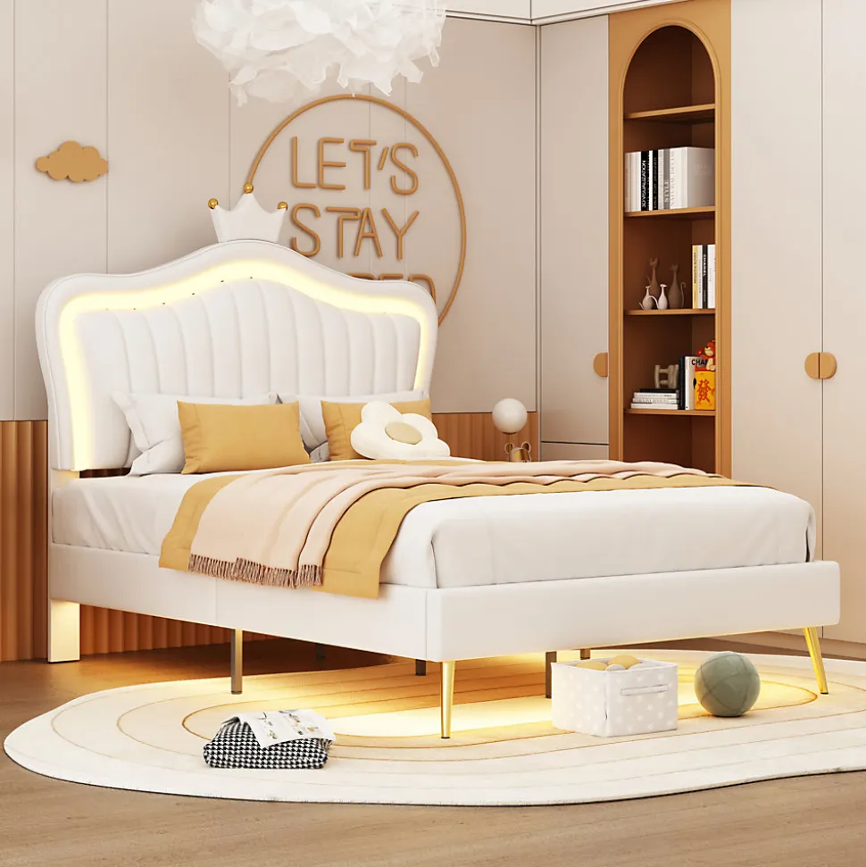 Lit enfant 90x200 cm PU blanc, cadre couronne, LED, sommier à lattes, dossier, pratique et décoratif, sans matelas