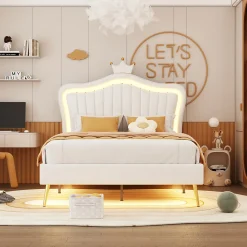 Lit enfant 90x200 cm PU blanc, cadre couronne, LED, sommier à lattes, dossier, pratique et décoratif, sans matelas